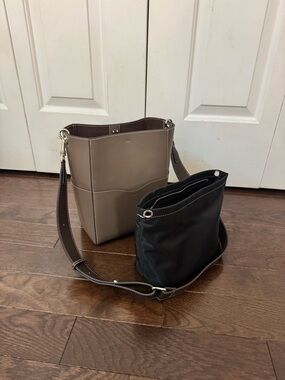 Taupe Leather Shoulder Bucket Bag with Black Removable Insert